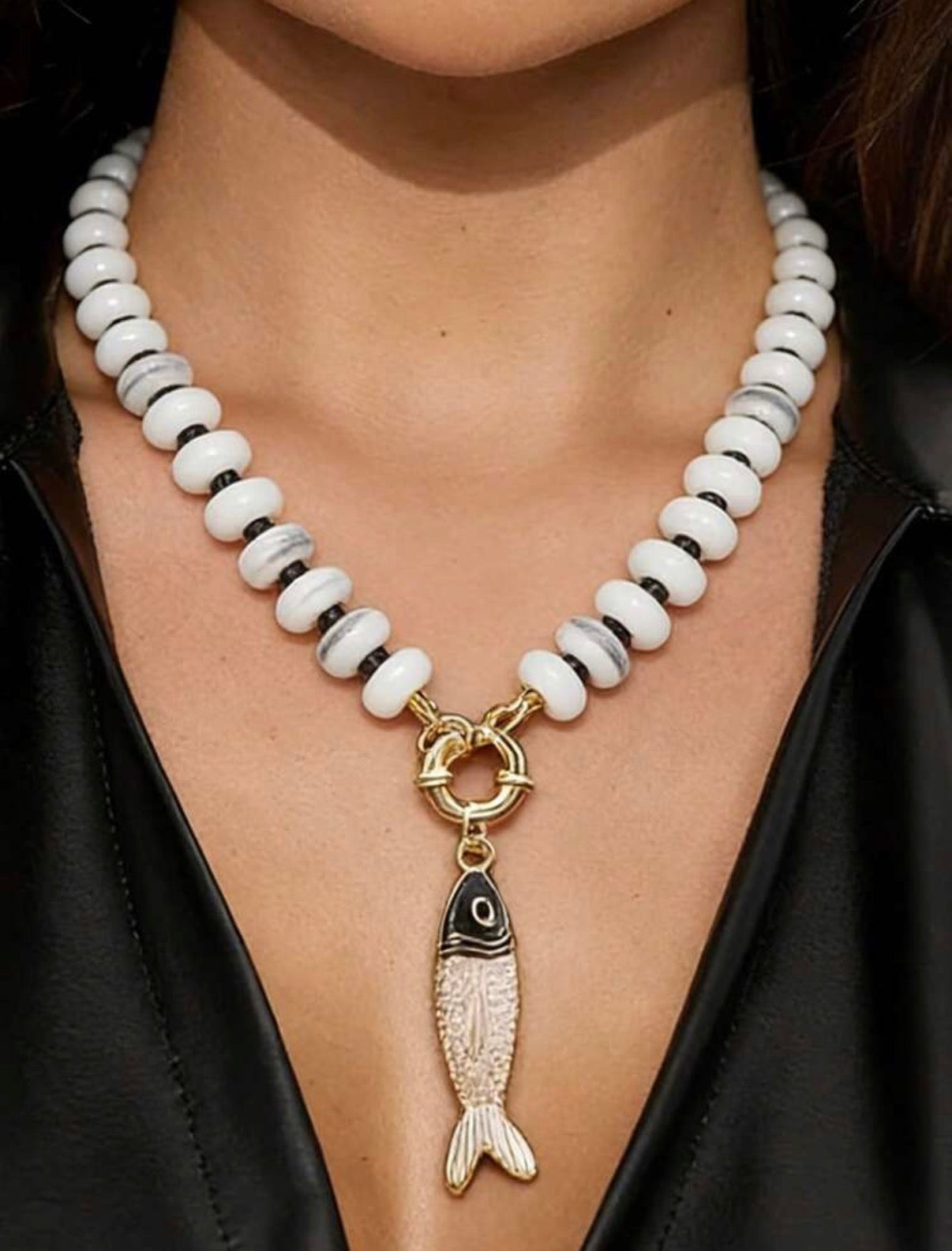 White & Black Beaded Statement Necklace with Black & Gold Fish Pendant