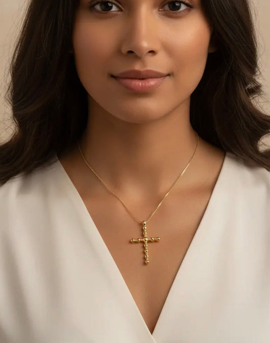 Gold Ball Bead Cross Pendant on Gold Box Chain Necklace