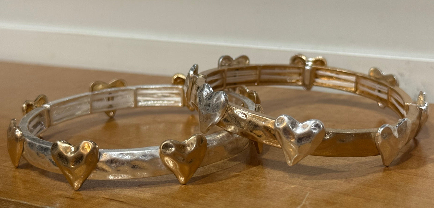 Two-Tone Gold Stretch Bangle Bracelet with Hammered Silver Heart Details