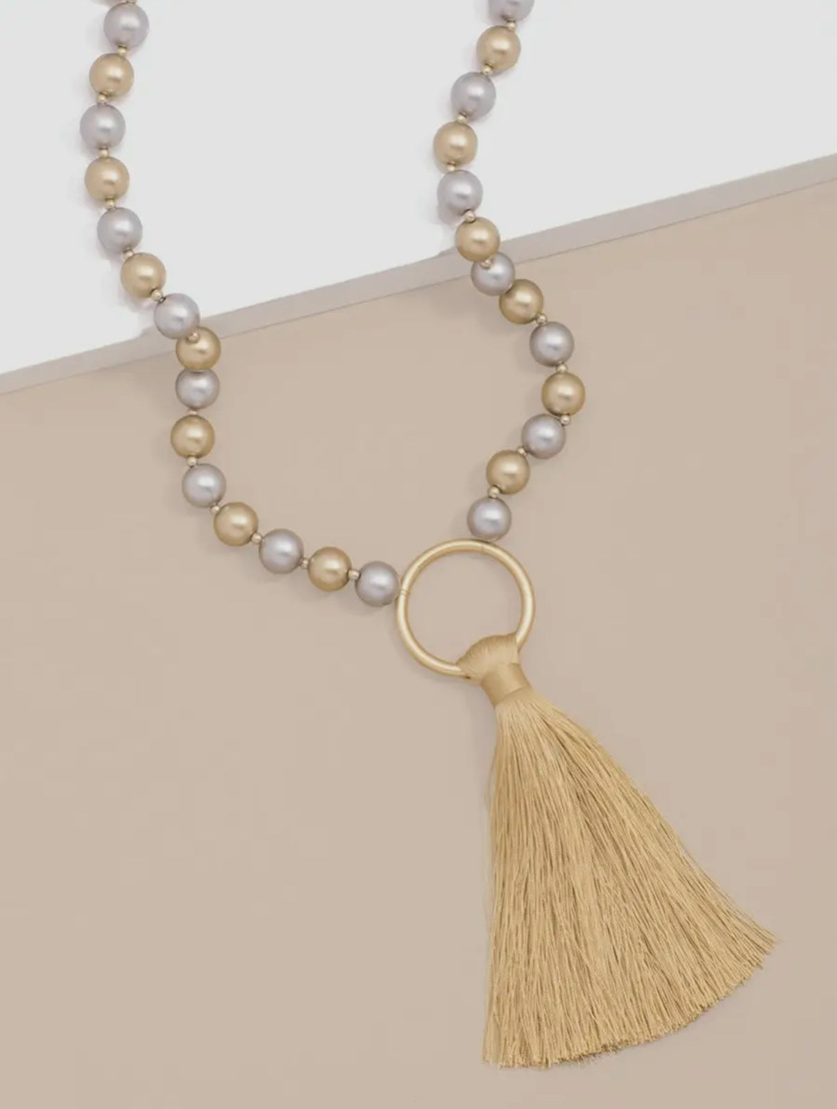 Matte Gold & Silver Resin Beaded Tassle Chain Toggle Long Necklace
