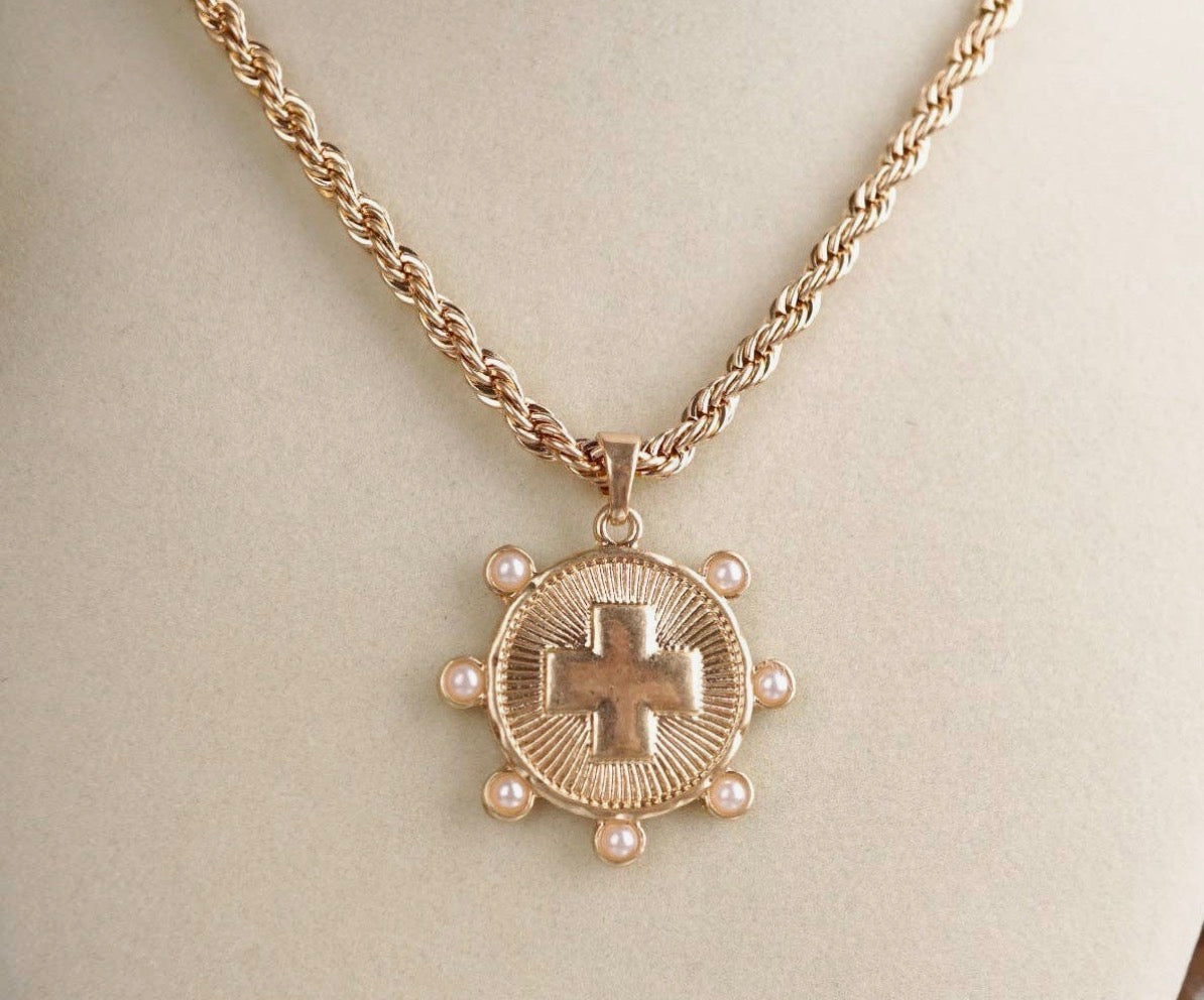Sunlit Devotion- Gold Chain Necklace with gold coin accent pendant.