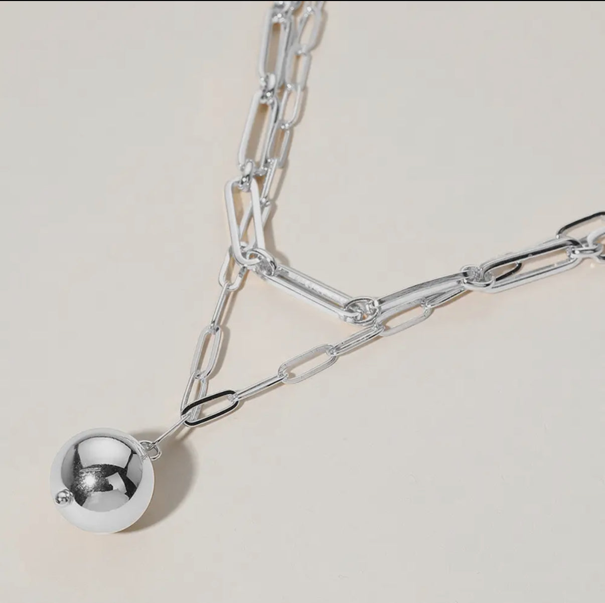 Silver Metal Ball, Double Layered Paperclip Chain Necklace