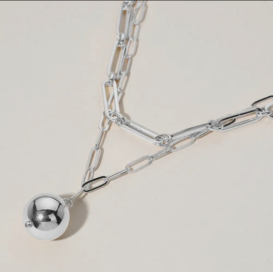 Silver Metal Ball, Double Layered Paperclip Chain Necklace