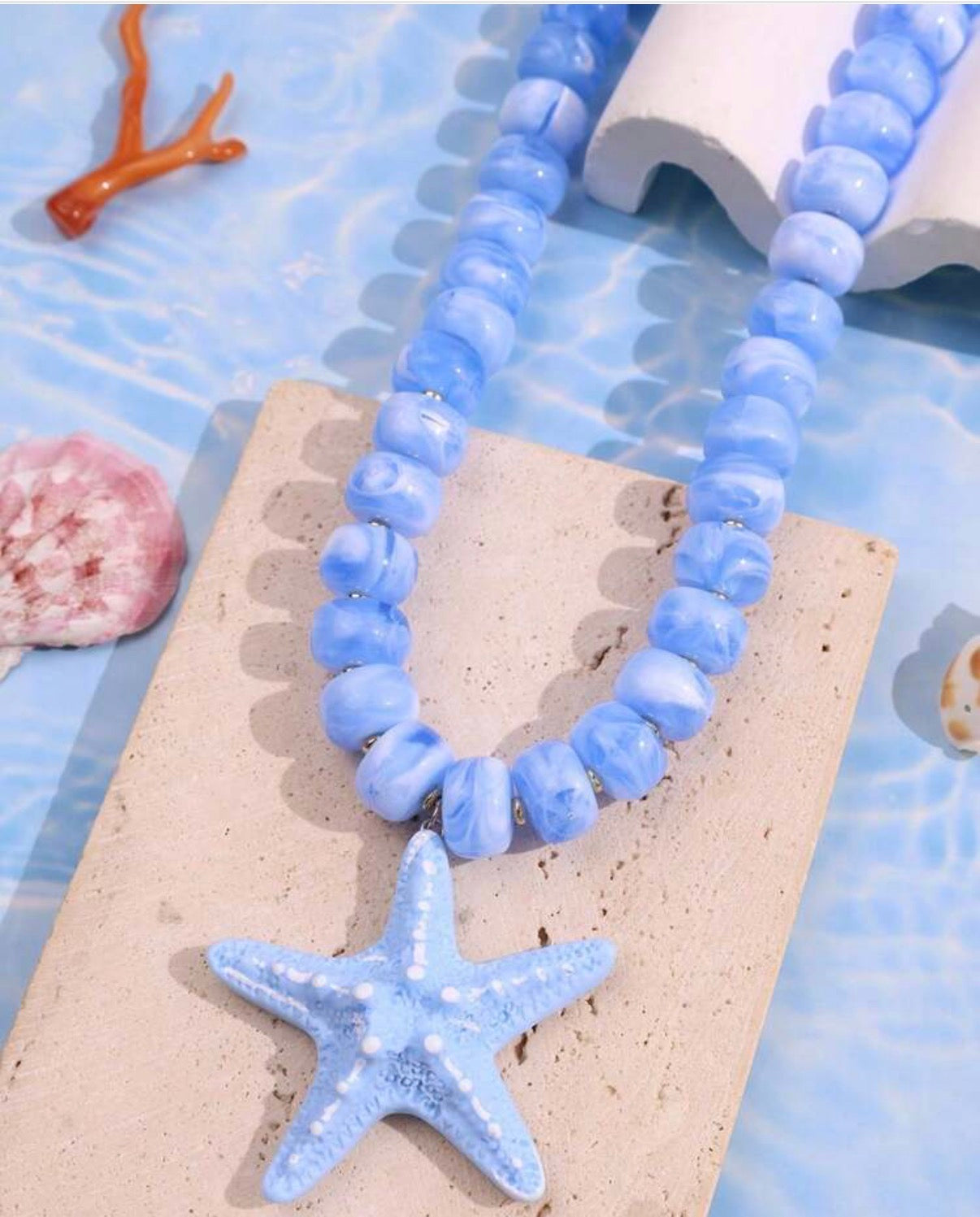 Bright Periwinkle Blue Beaded Necklace with Starfish Pendant