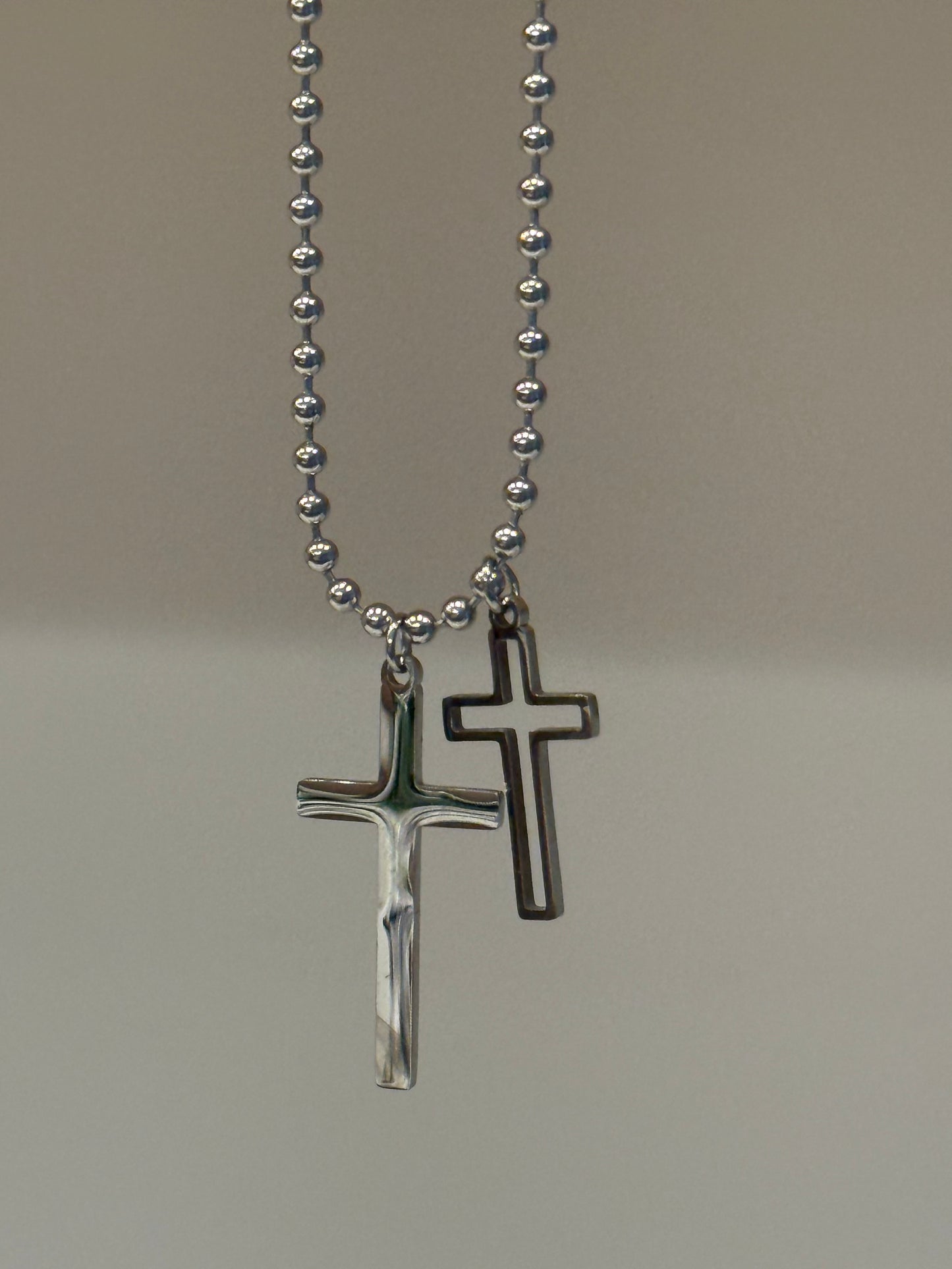 Silver Stainless Steel Double Cross Charms on Silver Ball Beaded Chain