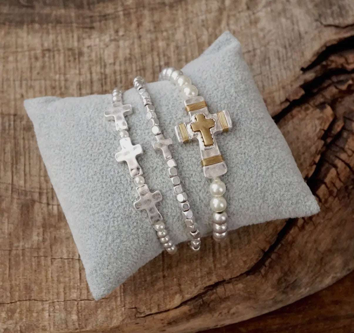 3 Cross Boho Bracelet Set in Worn Silver Tone