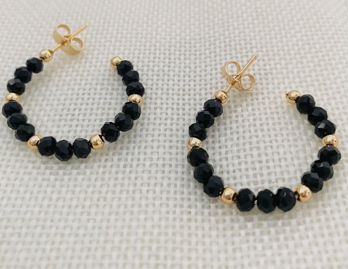Black & Gold Beaded Hoop Earrings