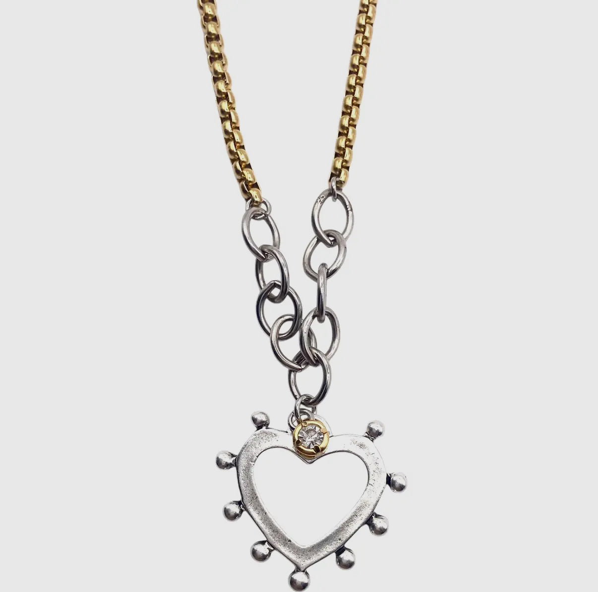 Two-Tone Gold Chain with Silver Spikey Heart Burst Charm/Pendant