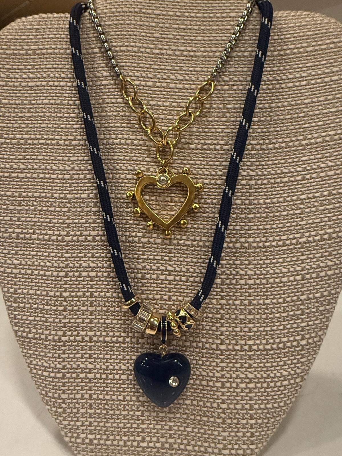Navy Paracord Rope Choker with Gold & Enamel Charms, Navy Marbled Heart with Tiny Crystal Pendant