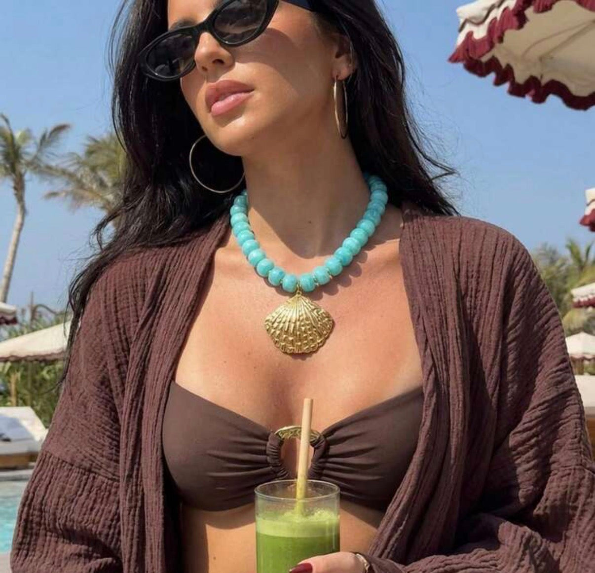 Aqua/Turquoise Beaded Necklace with Gold Shell Pendant