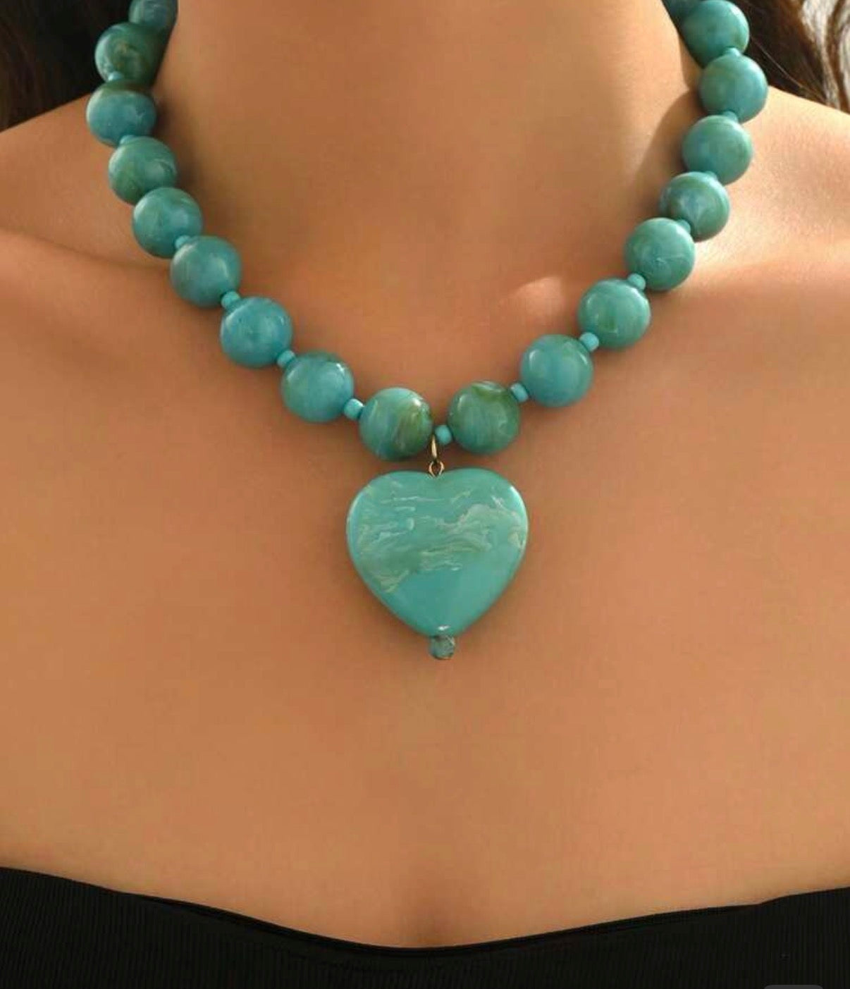 Turquoise & Gold Marbled Beaded Necklace with Puffy Heart Pendant