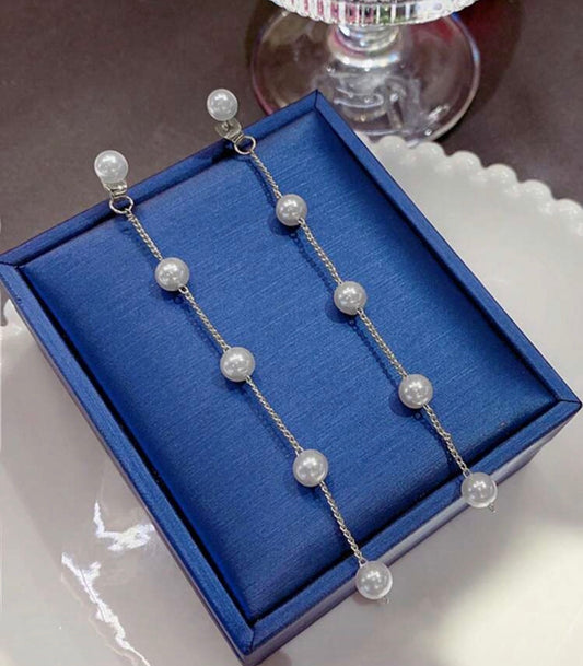 Long Silver Chain Earrings with Pearl Ball Accents