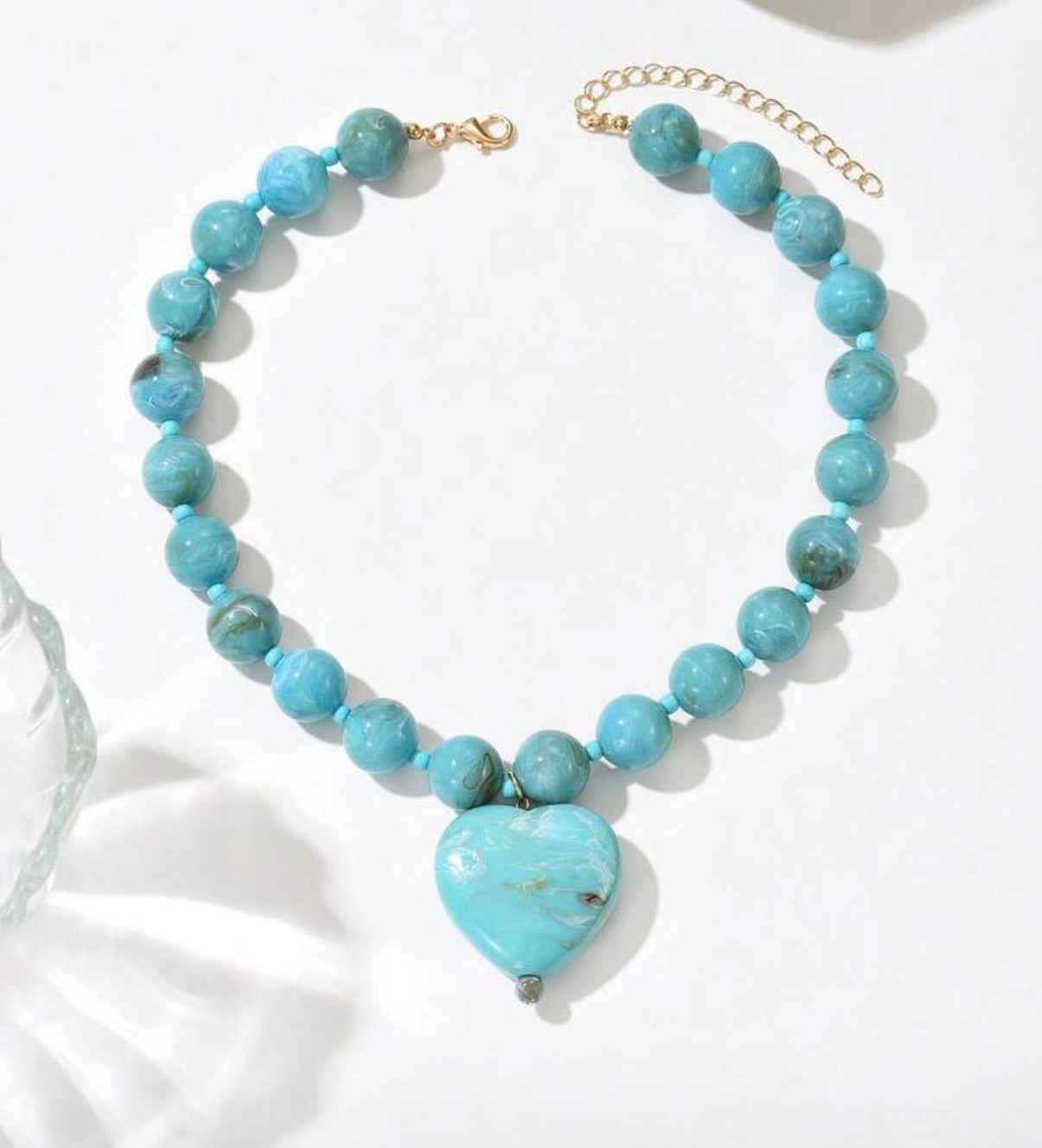 Turquoise & Gold Marbled Beaded Necklace with Puffy Heart Pendant