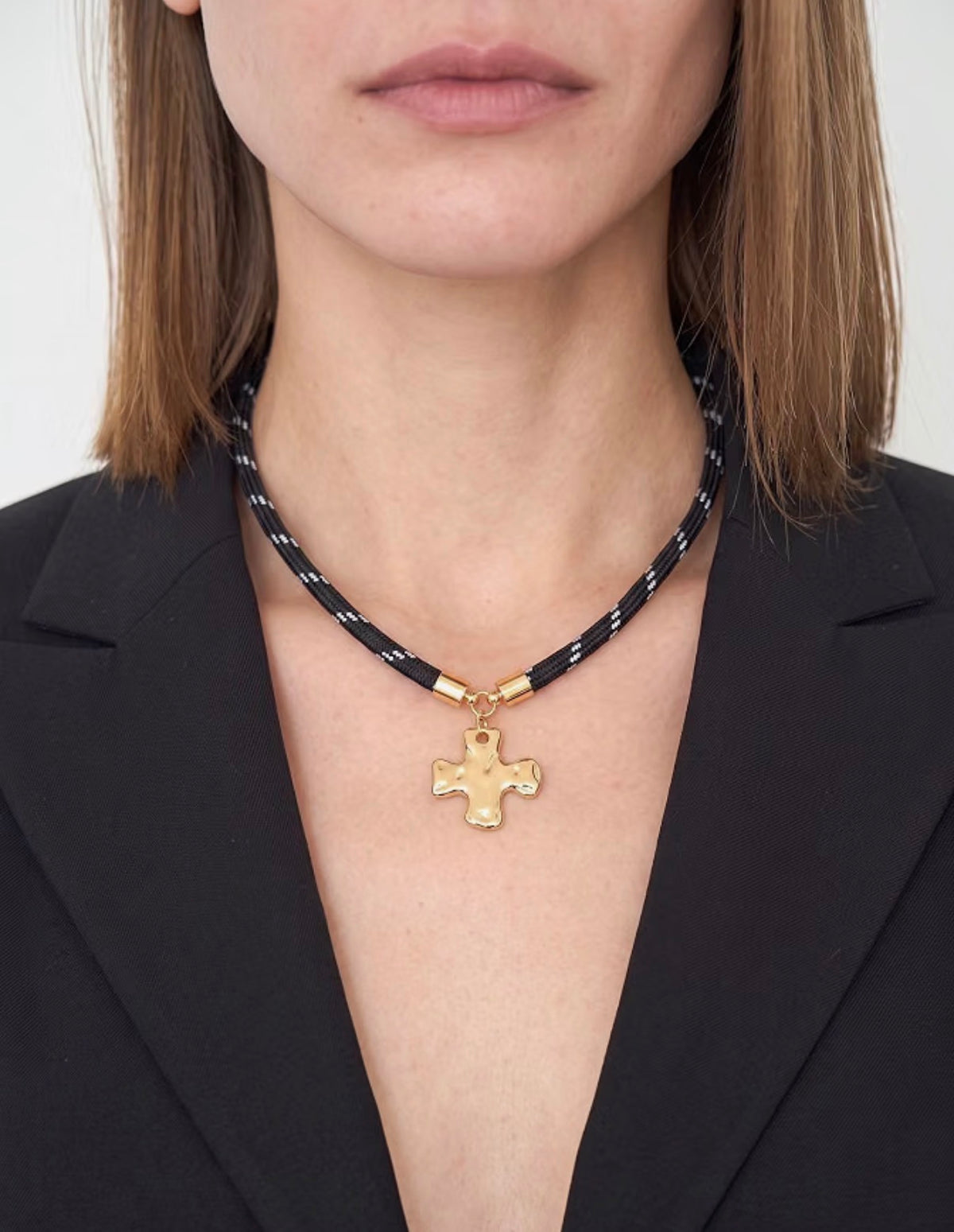Black Paracord Necklace with Gold  Hammered Square Cross Pendant