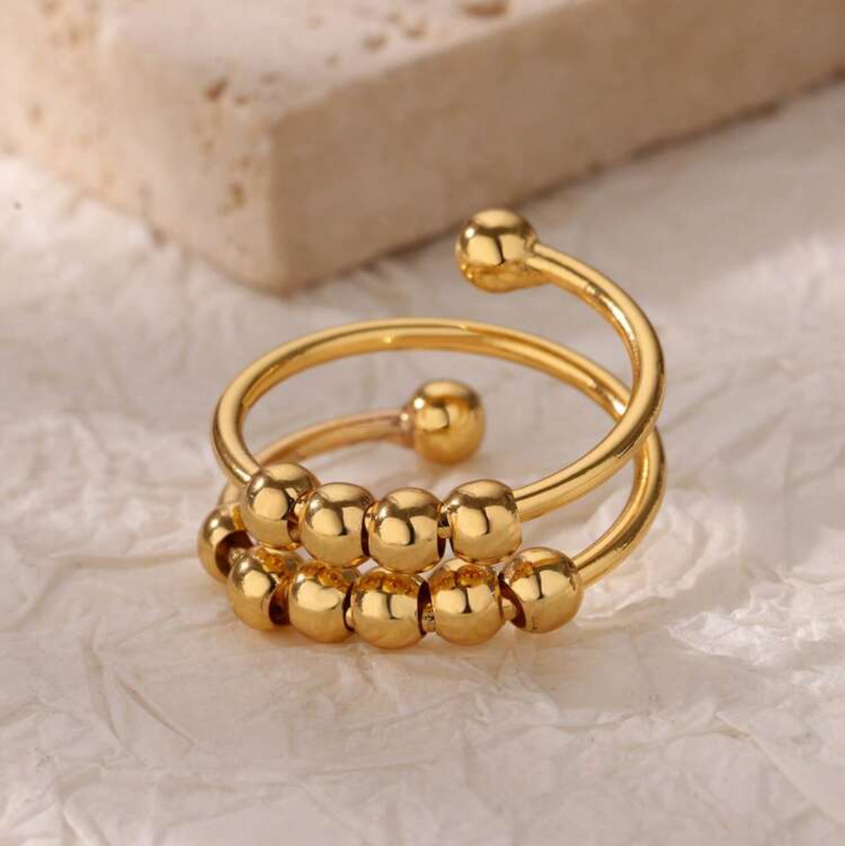 Gold Adjustable Double Ring with Ball Bead Accents