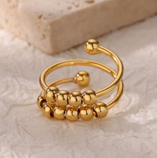 Gold Adjustable Double Ring with Ball Bead Accents