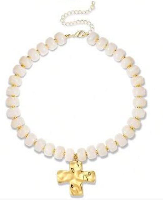 White/Cream Resin Beaded Necklace with Gold Hammered Cross Pendant