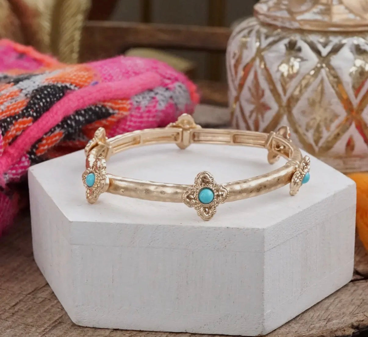 Eternity Statement Gold & Turquoise Beaded Bangle Bracelet