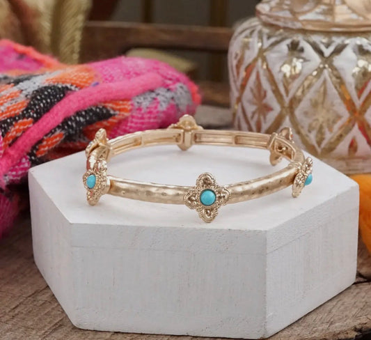 “Sun-Kissed Shine” Gold with Turquoise Medallion Stretchy Bangle Bracelet