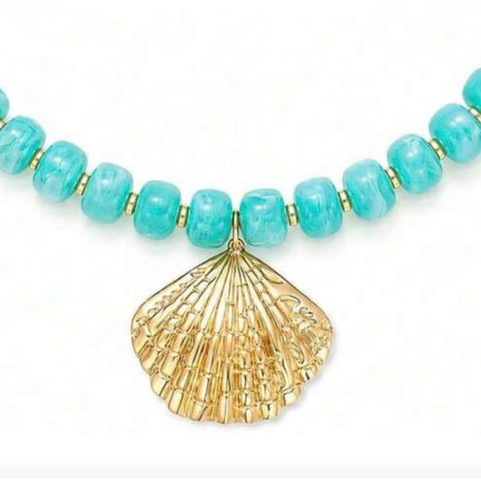 Aqua/Turquoise Beaded Necklace with Gold Shell Pendant