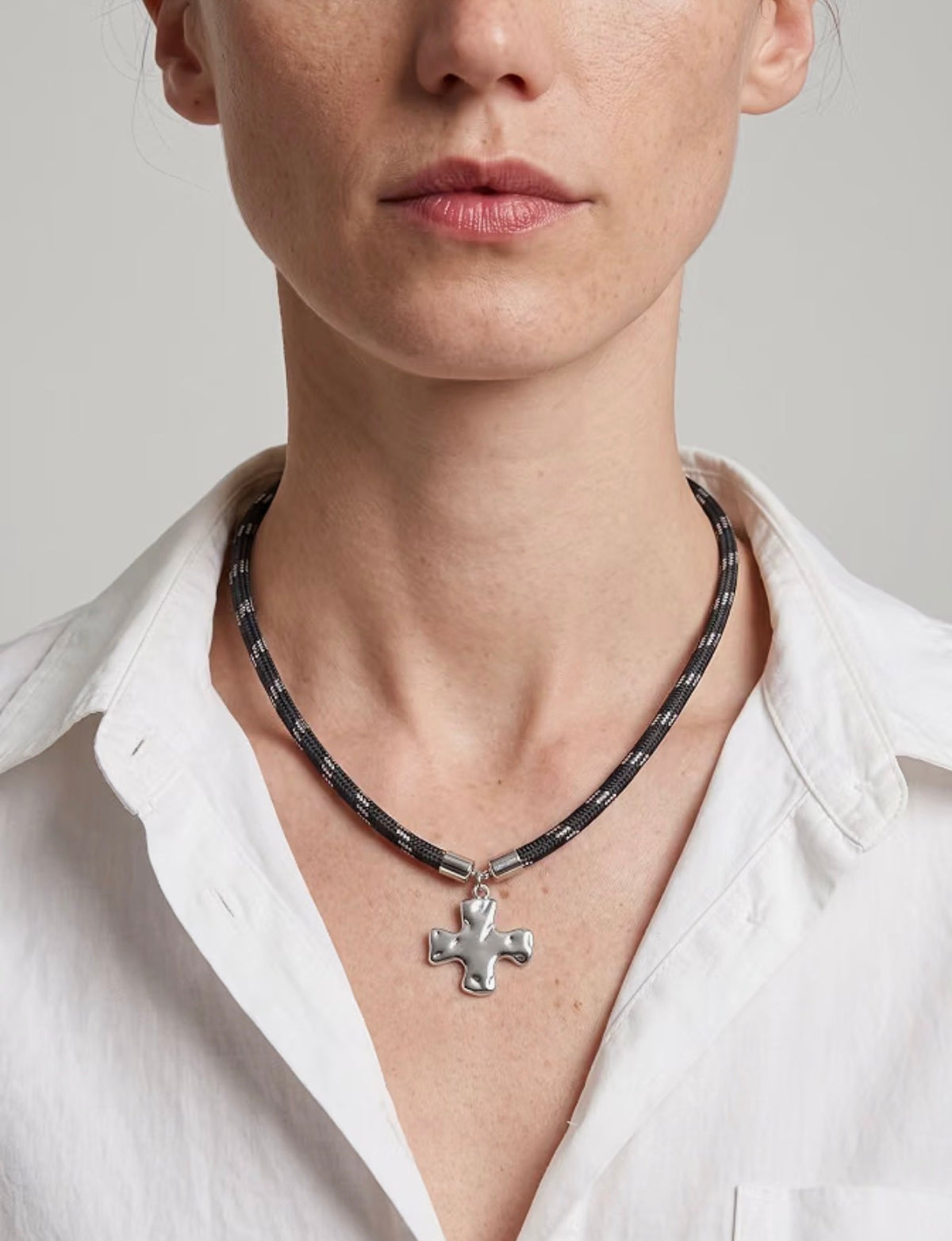 Black Paracord Necklace with Silver Hammered Square Cross Pendant
