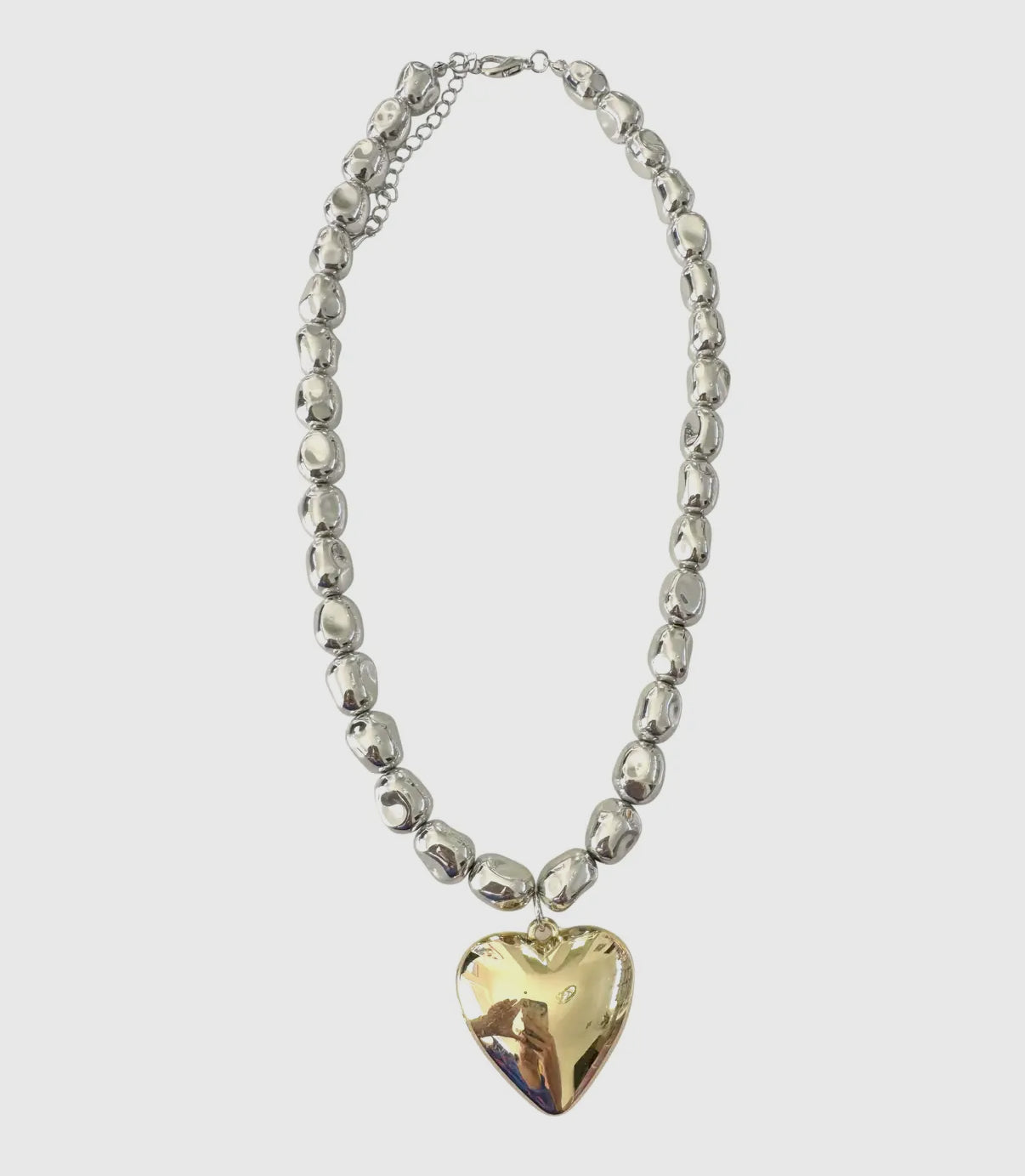 Bebe Hammered Silver Bead Necklace with Shiny Gold Heart Pendant