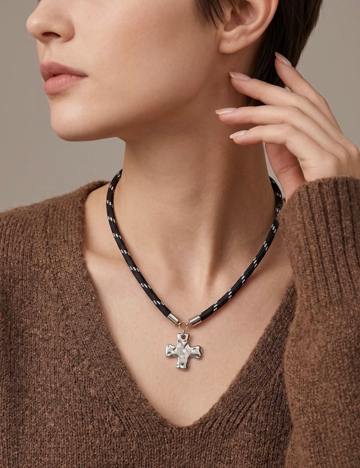 Black Paracord Necklace with Silver Hammered Square Cross Pendant