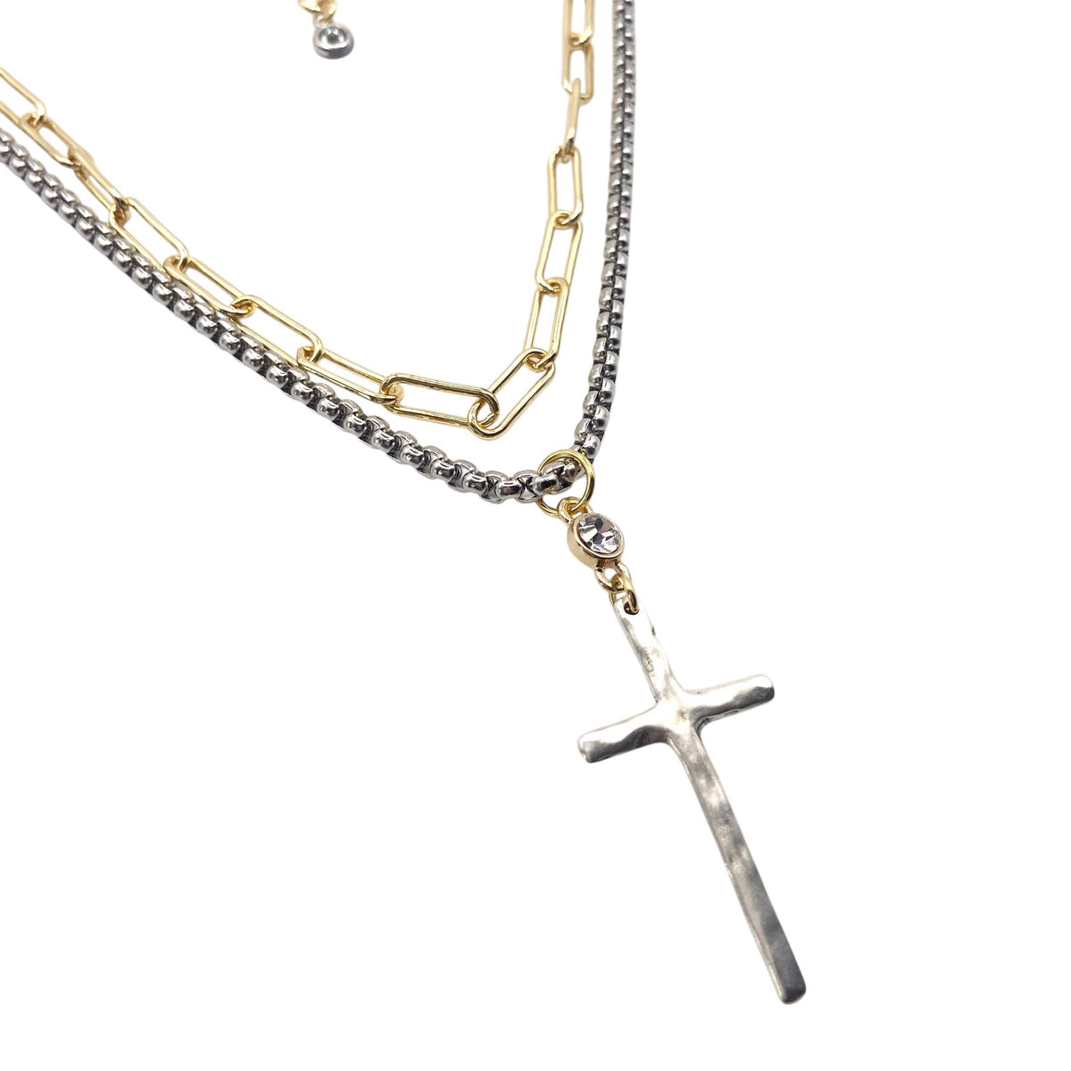 Cross Layered Necklace Mixed Metal Two-Tone - Gold Cross Pendant