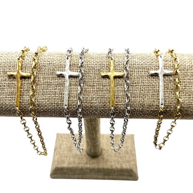 Sideways Cross Religious Mixed Metal Gold with Silver Cross Necklace