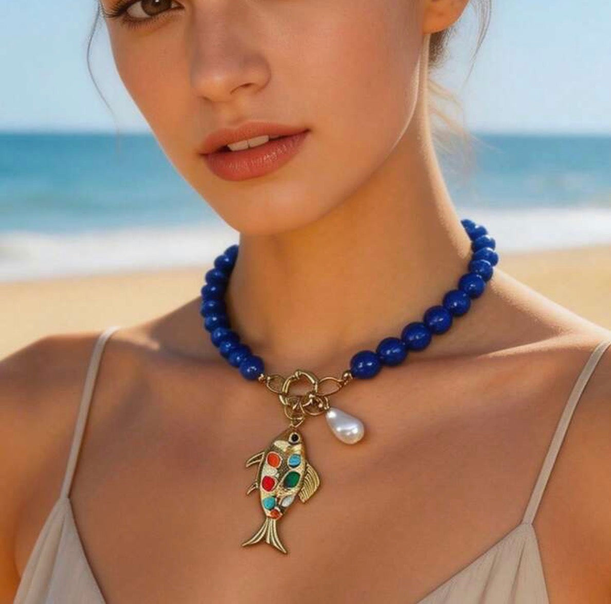 Gold & Colorful Hand Painted Fish Pendant & Pearl Charm on a Brilliant Sapphire Blue Beaded Canaliver Necklace