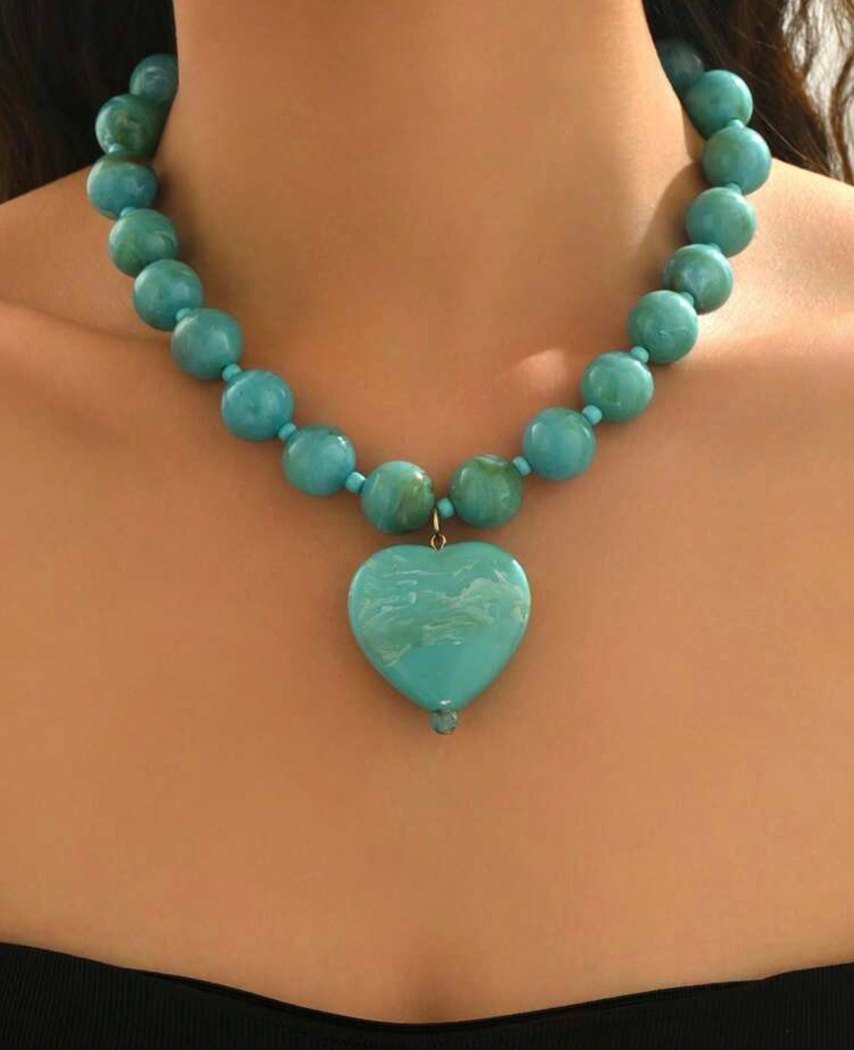 Turquoise & Gold Marbled Beaded Necklace with Puffy Heart Pendant