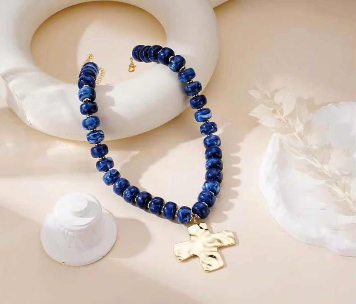 Navy Blue Acrylic Beaded Necklace with Gold Hammered Cross Pendant