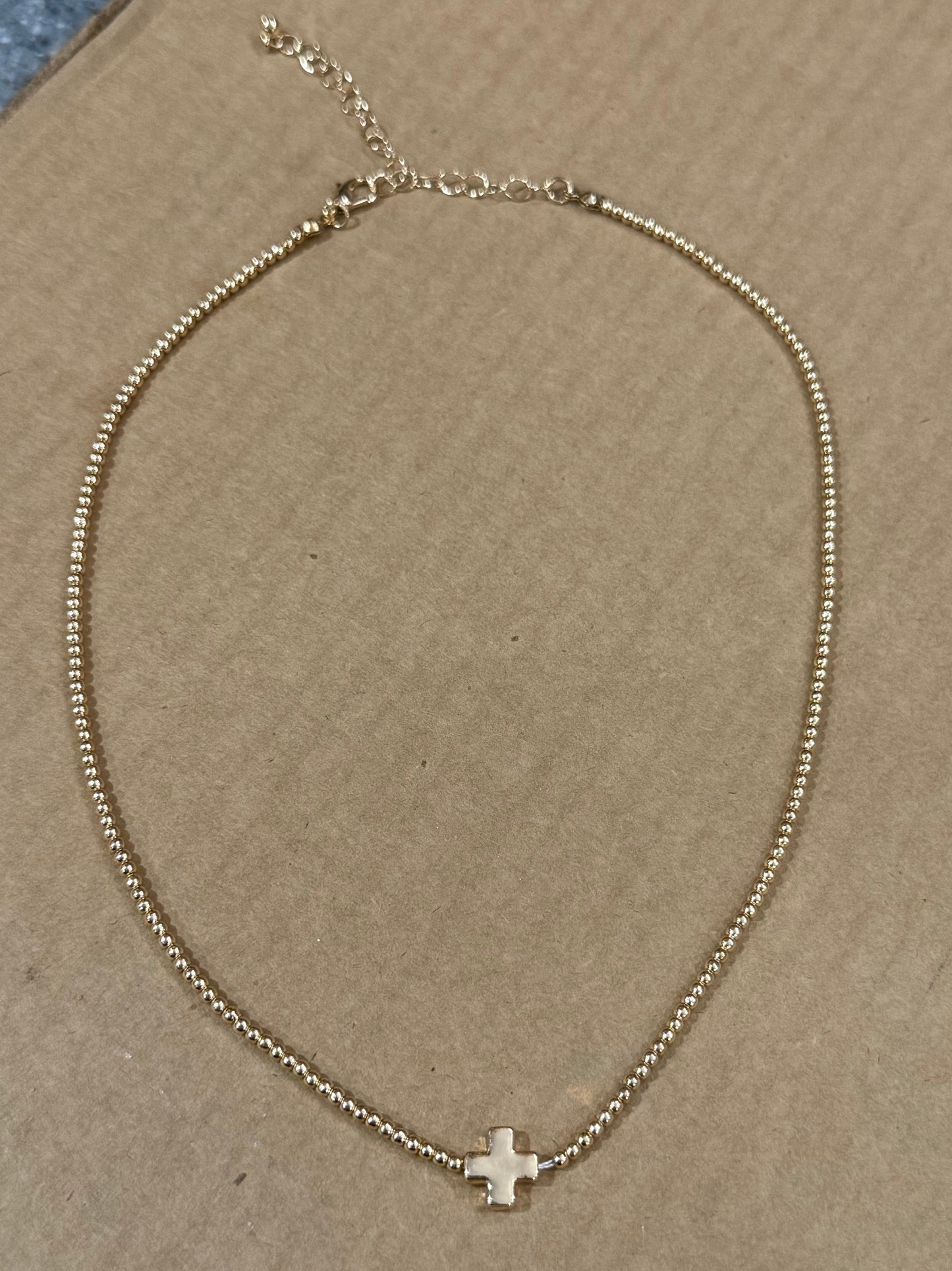 Gold Small Ball Beaded Necklace with Cross Accent