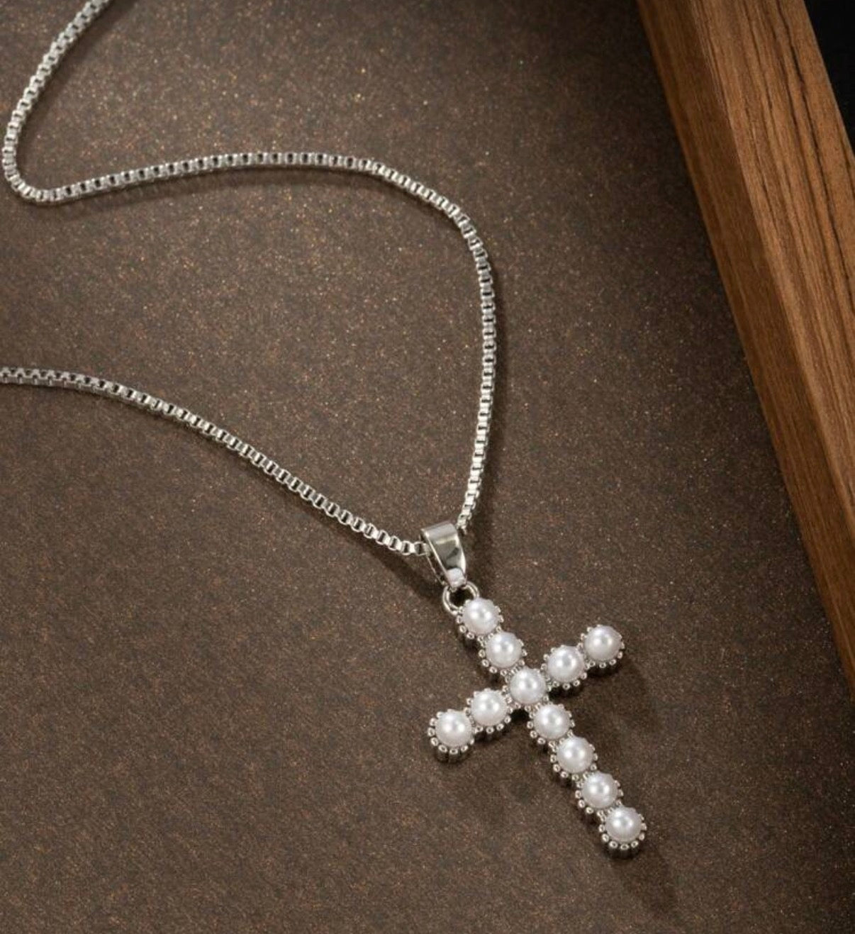 Silver Stainless Steel & Pearl Ball Cross Pendant Necklace