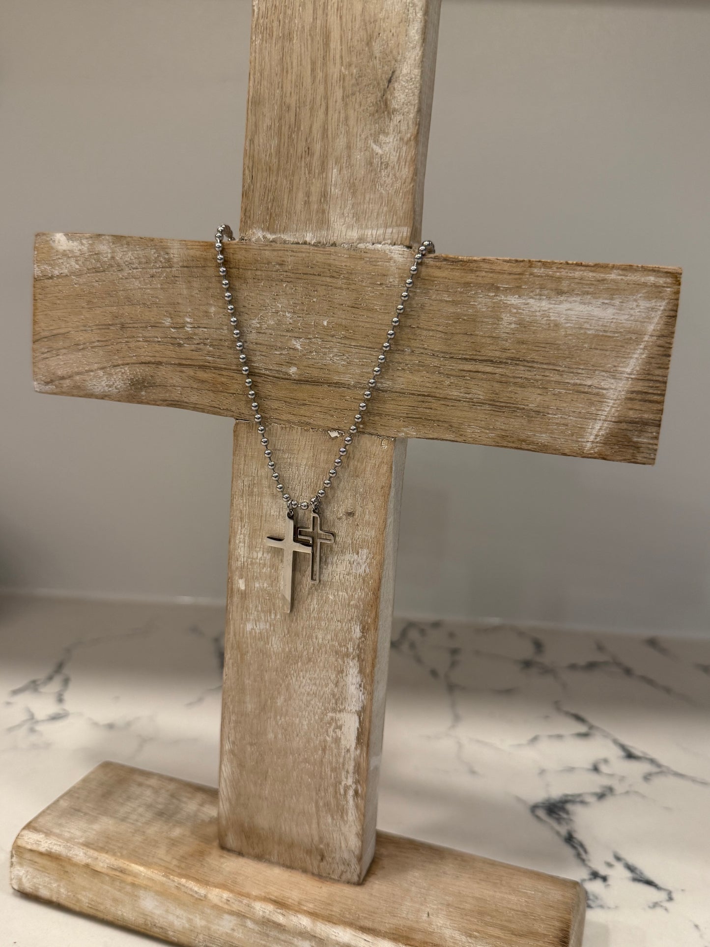 Silver Stainless Steel Double Cross Charms on Silver Ball Beaded Chain