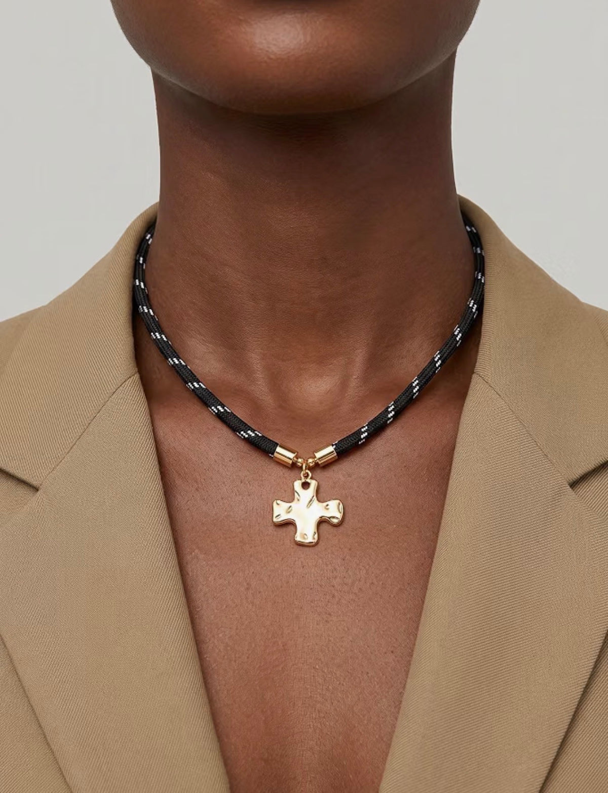 Black Paracord Necklace with Gold  Hammered Square Cross Pendant