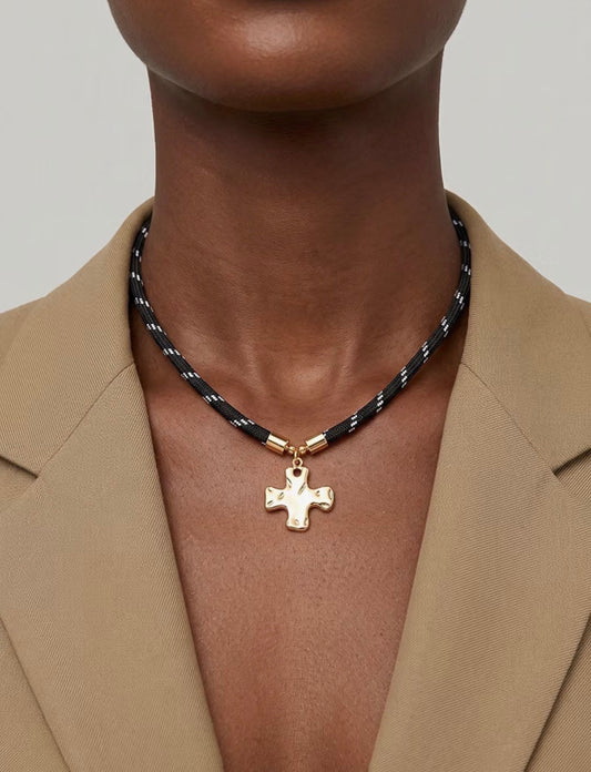 Black Paracord Necklace with Gold  Hammered Square Cross Pendant