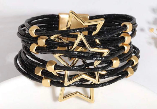 Two-Tone Mixed Media/Multi Layer/ Multiple Star Black Bracelet with Gold Beading & Clasp