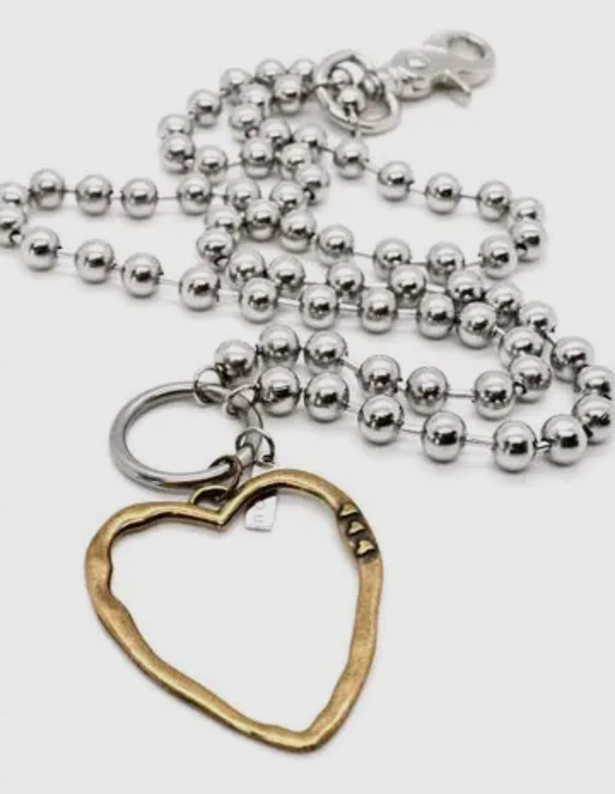 Two-Tone Silver Convertible (long/short) Steel Ball Bead Necklace with Cutout Heart Pendant