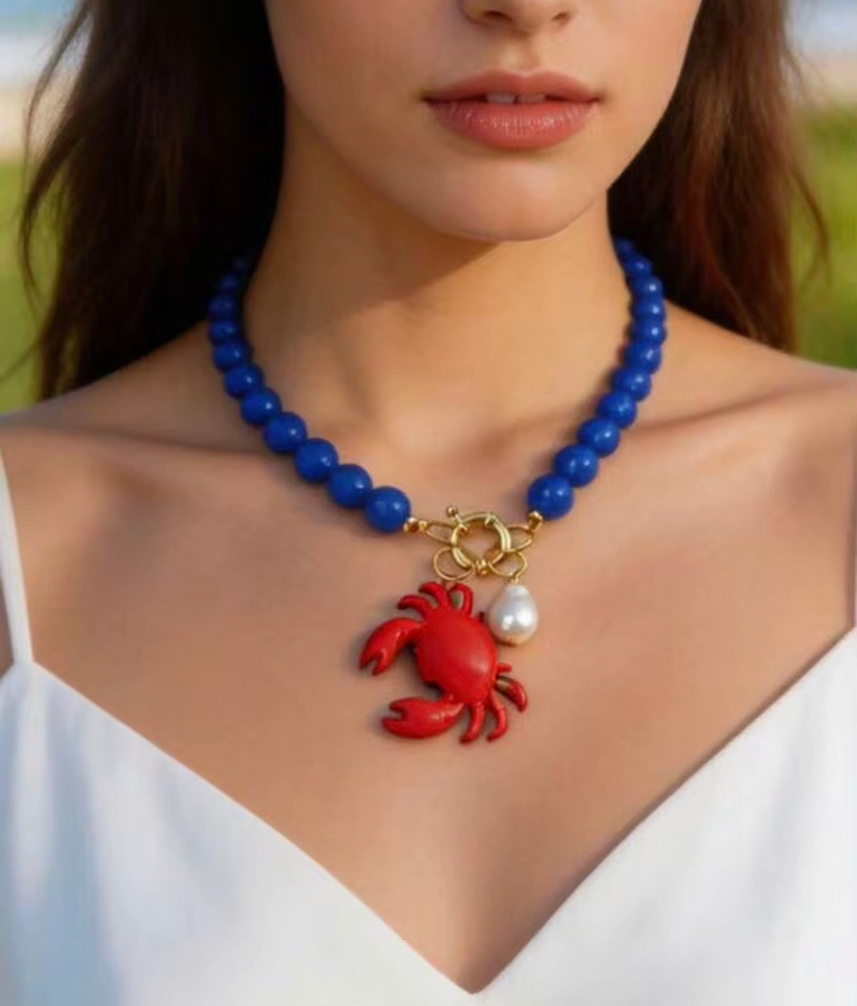 Bright Royal Blue Enamel Beaded Toggle Necklace with Crab Pendant & Pearl Charm