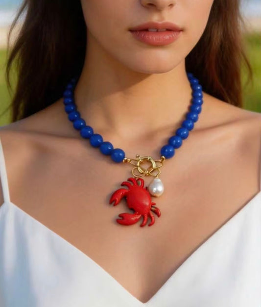 Bright Royal Blue Enamel Beaded Toggle Necklace with Crab Pendant & Pearl Charm