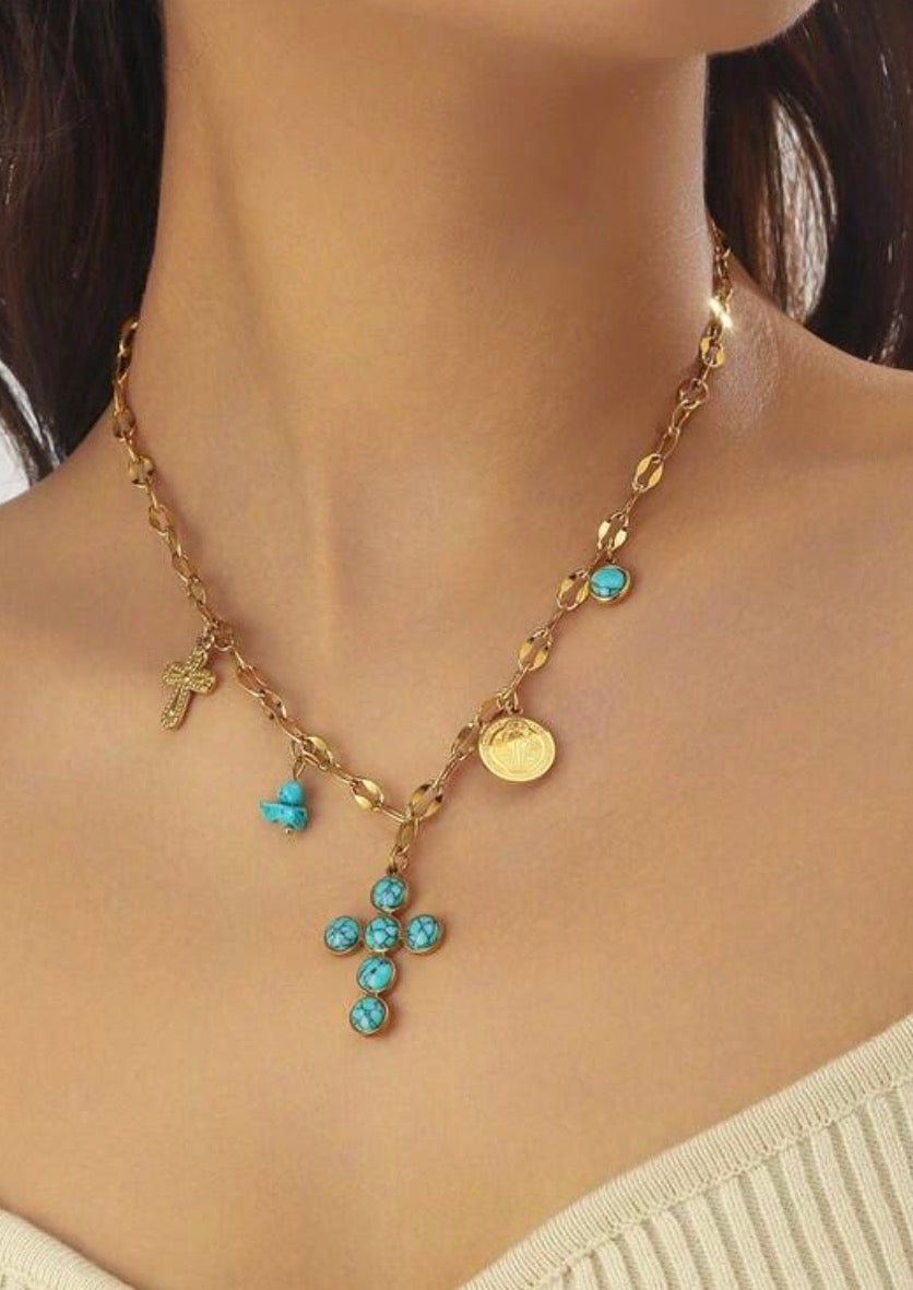 Gold & Turquoise Cross Charm Necklace
