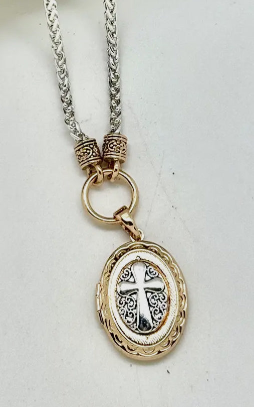 Two-Tone Locket- Silver Chain Necklace With Gold & Silver Cross Locket. 18" with 2”ext.
