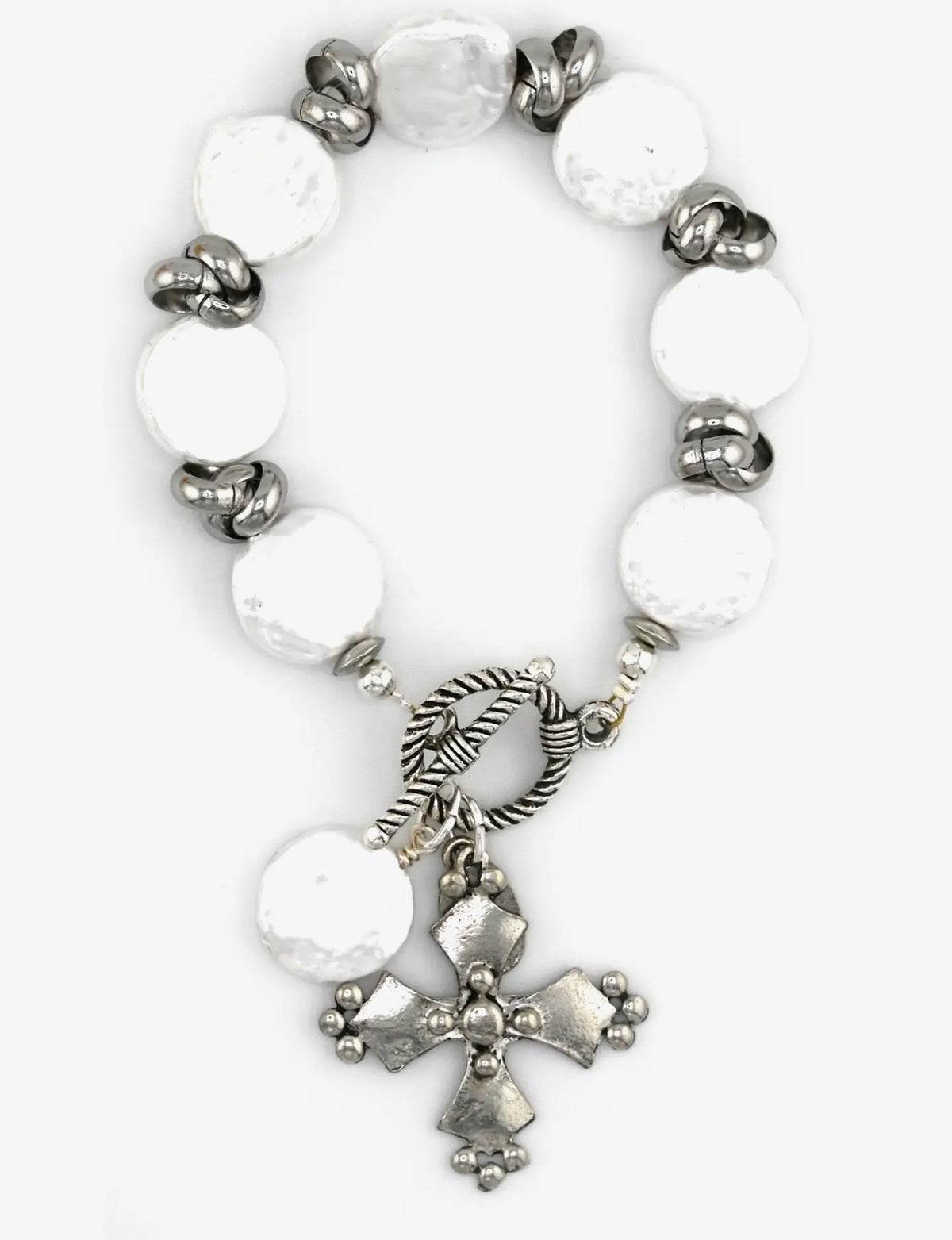 Preorder- Lavish Gold & Pearl Coin Toggle Bracelet with Intricate Cross & Pearl Coin Pendants