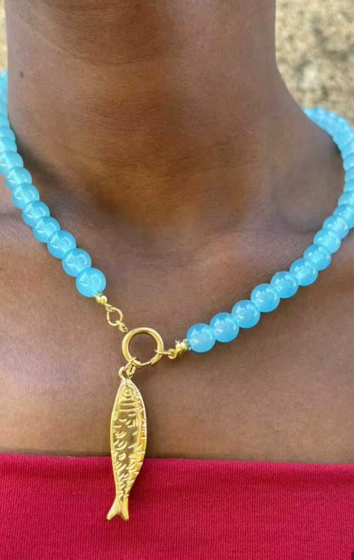 Bright Vibrant Ocean Blue Beaded Toggle Necklace with Gold Fish Pendant