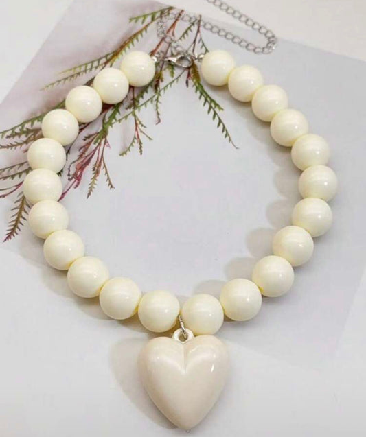 Cream Acrylic Beaded Necklace with Puffy Heart Pendant