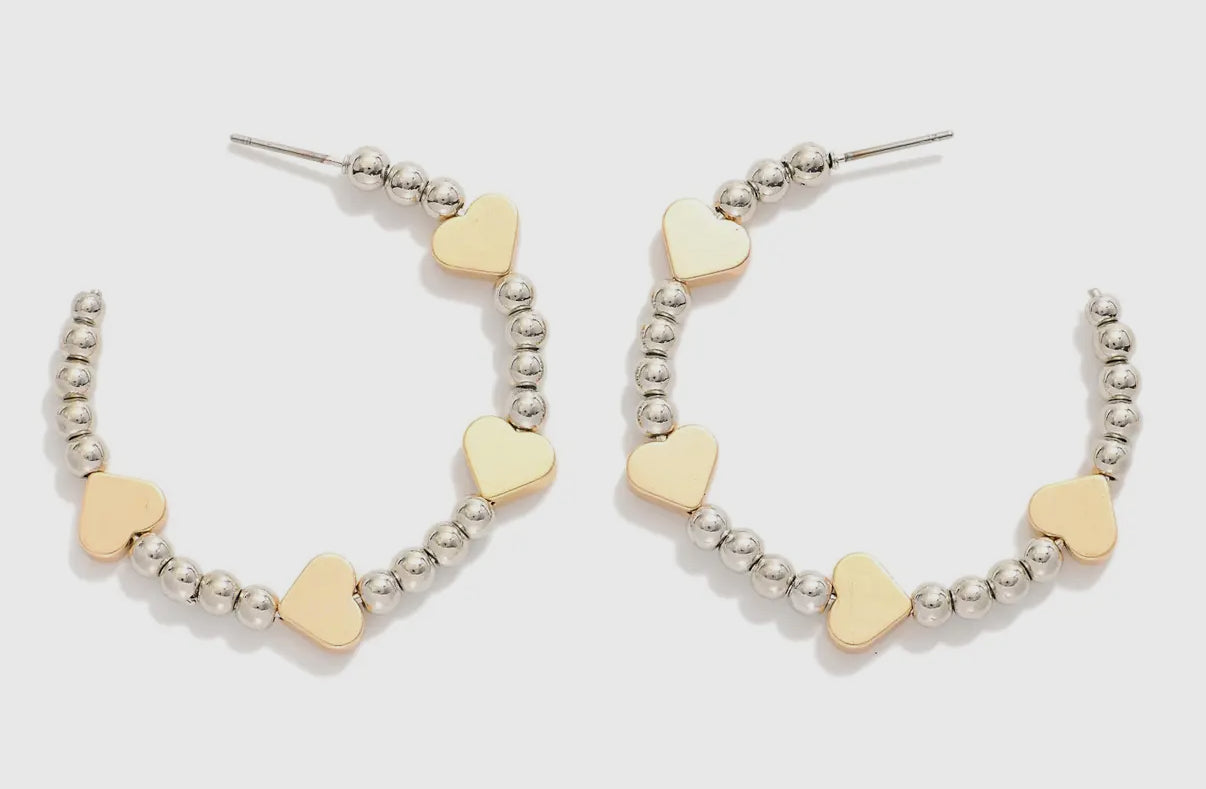 Two-Tone Silver Beaded Hoop Earrings with Gold Heart Details