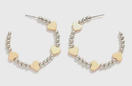 Two-Tone Silver Beaded Hoop Earrings with Gold Heart Details