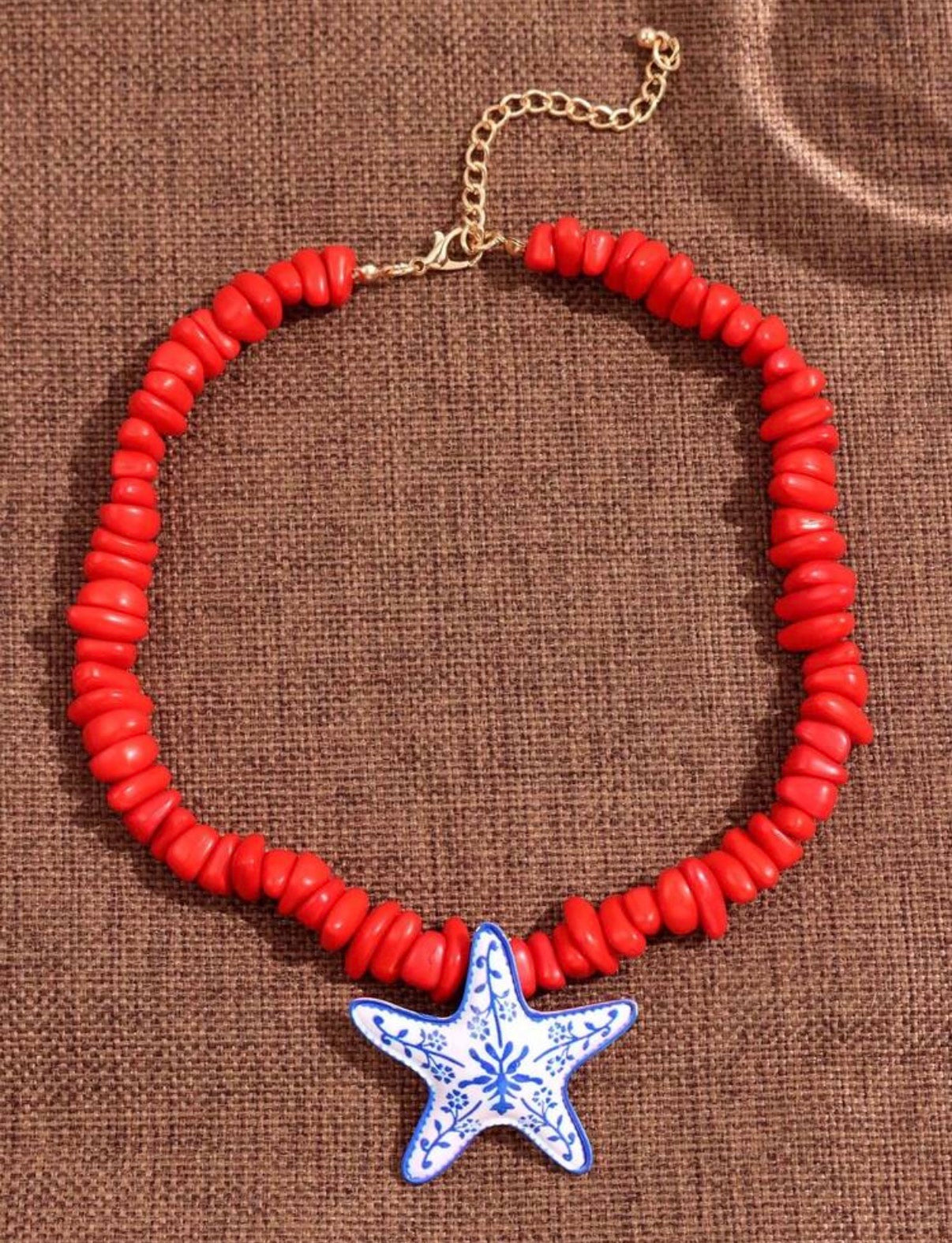 Red Stone Beaded Necklace with Blue & White Painted Starfish Pendant