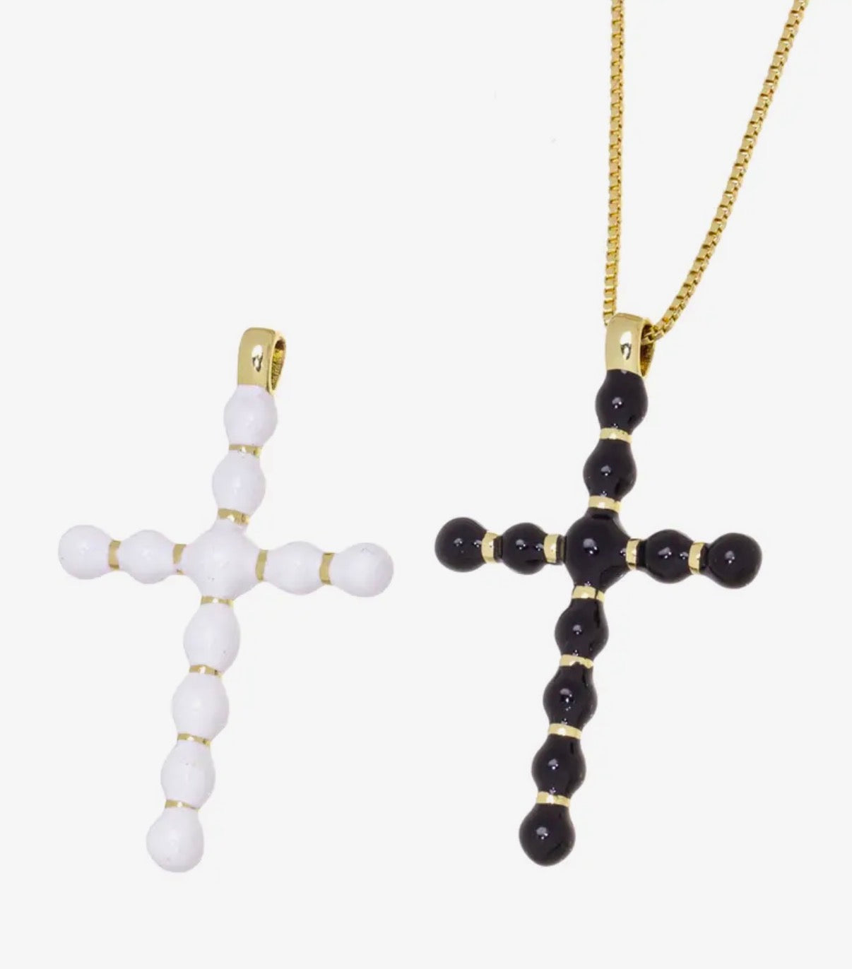 White Ball Bead Cross Pendant on Gold Box Chain Necklace